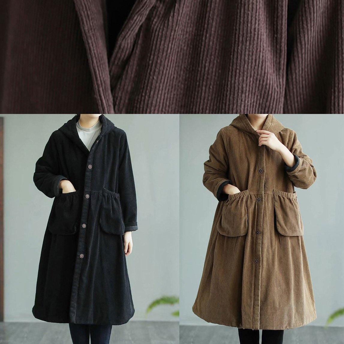 Classy Black Fine Maxi Coat Sewing Hooded Pockets Women Coats