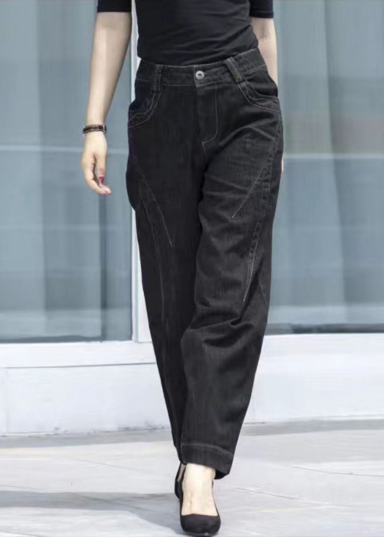 Classy Black High Waist Pockets Patchwork Cotton Denim Pants Summer