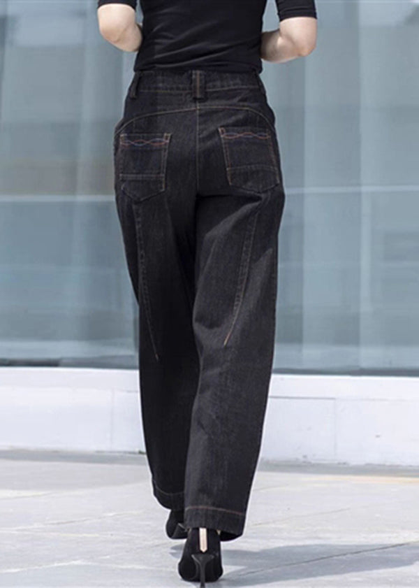 Classy Black High Waist Pockets Patchwork Cotton Denim Pants Summer