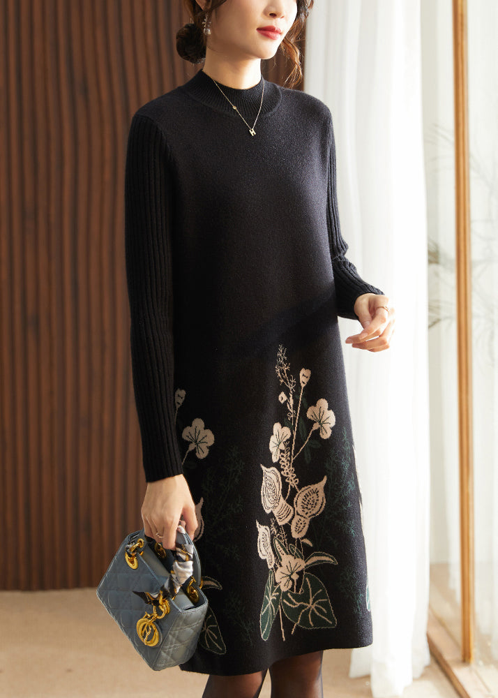 Classy Black O Neck Print Knit Long Sweater Dress Spring