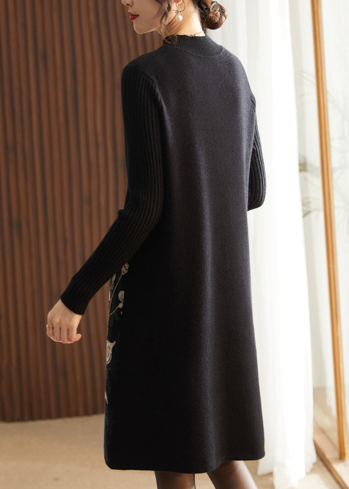 Classy Black O Neck Print Knit Long Sweater Dress Spring