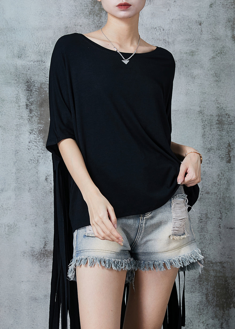 Classy Black Oversized Patchwork Tasseled Cotton Tanks Summer