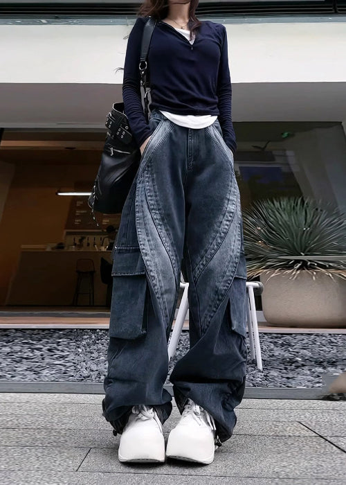 Classy Black Oversized With Pockets Denim Pants Spring