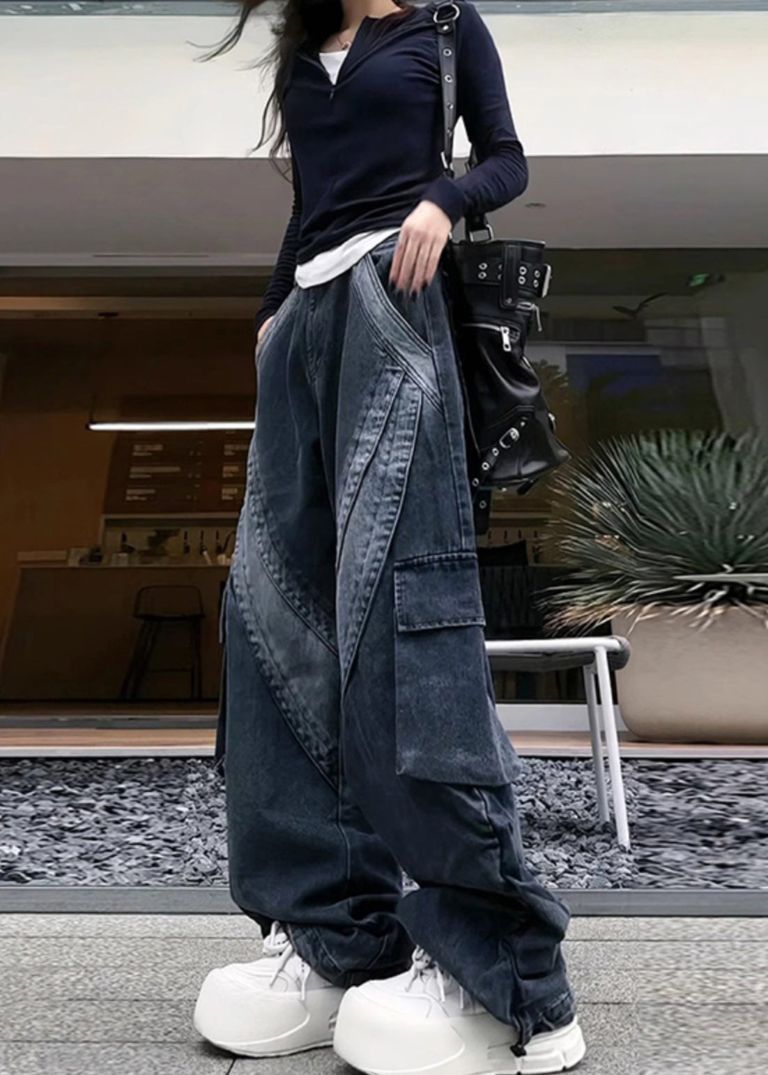 Classy Black Oversized With Pockets Denim Pants Spring