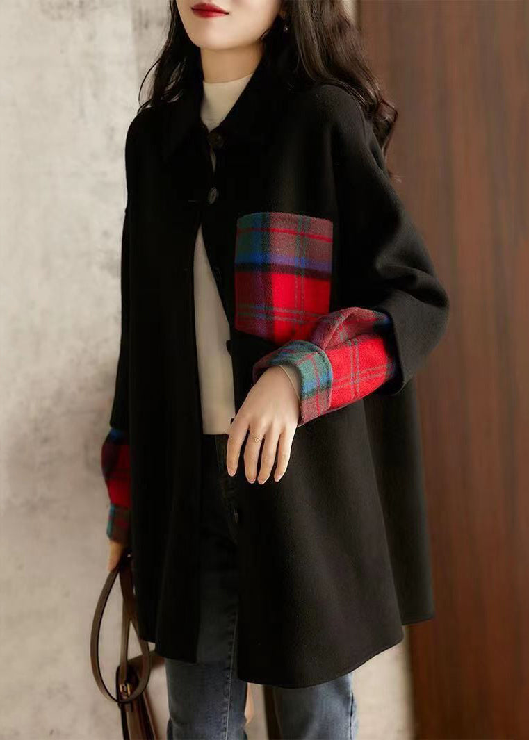 Classy Black Peter Pan Collar Button Patchwork Woolen Coat Fall