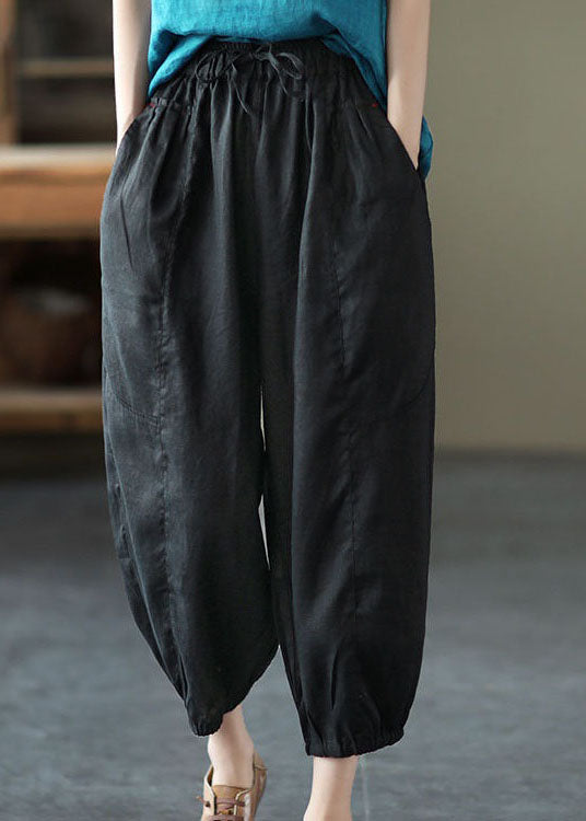 Classy Black Pockets Patchwork Linen Harem Pants Summer