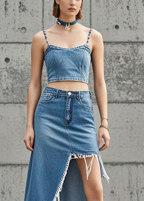 Classy Blue Asymmetrical Design Denim Skirts Spring