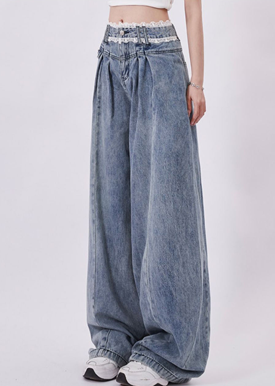 Classy Blue Hight Waist Patchwork Lace Denim Straight Pants Spring