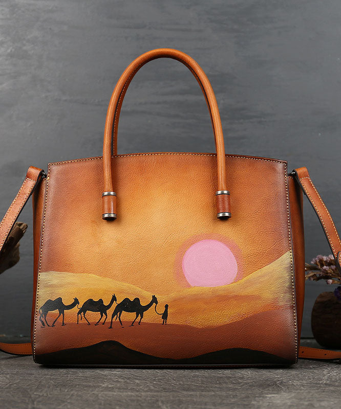 Classy Brown Paitings Calf Leather Tote Handbag