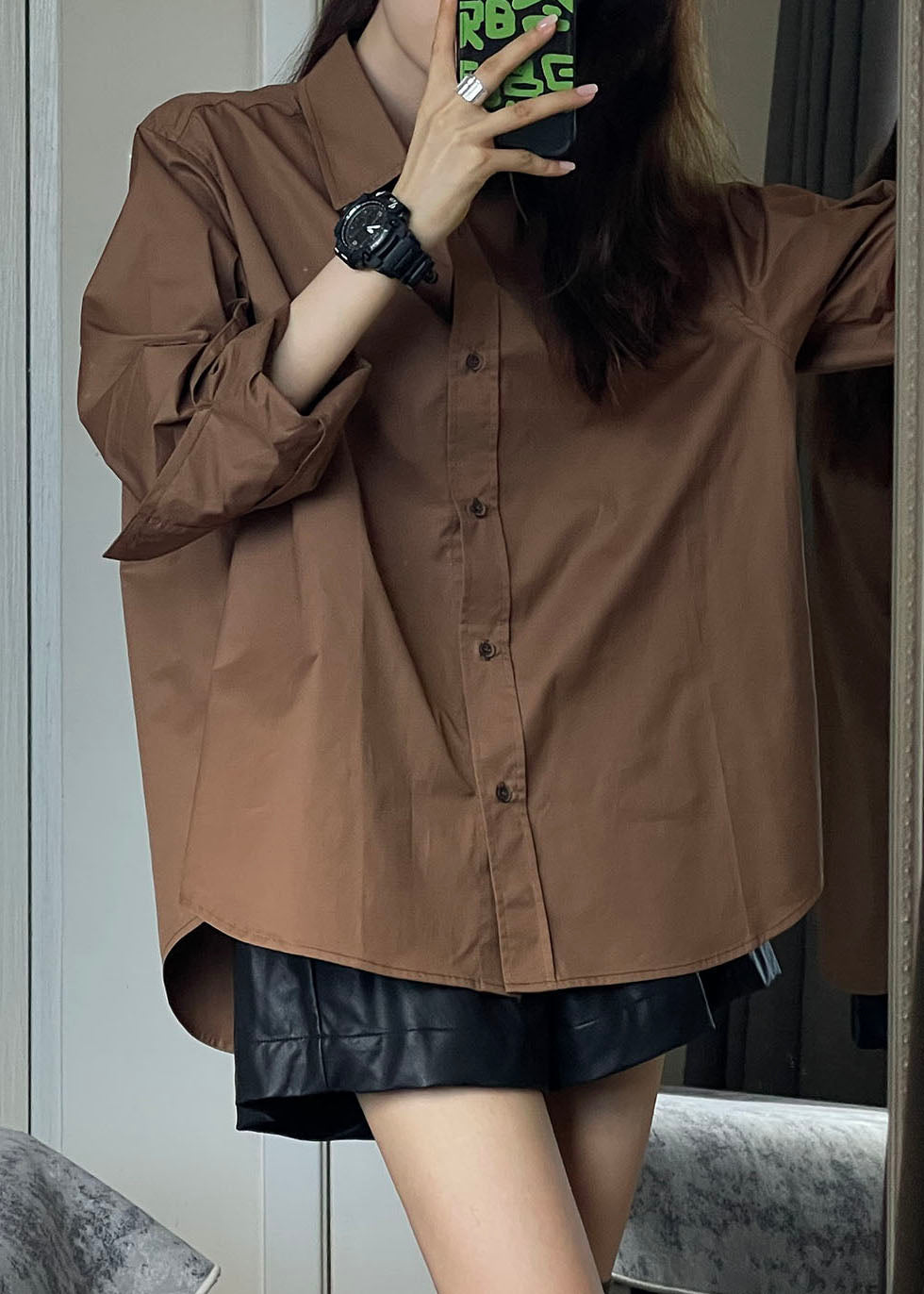 Classy Brown Peter Pan Collar Button Shirts Fall