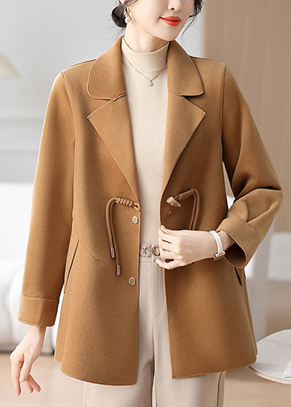 Classy Camel Notched Tassel Pockets Woolen Coat Winter