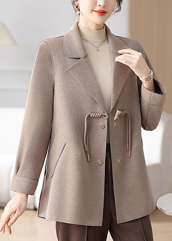 Classy Camel Notched Tassel Pockets Woolen Coat Winter