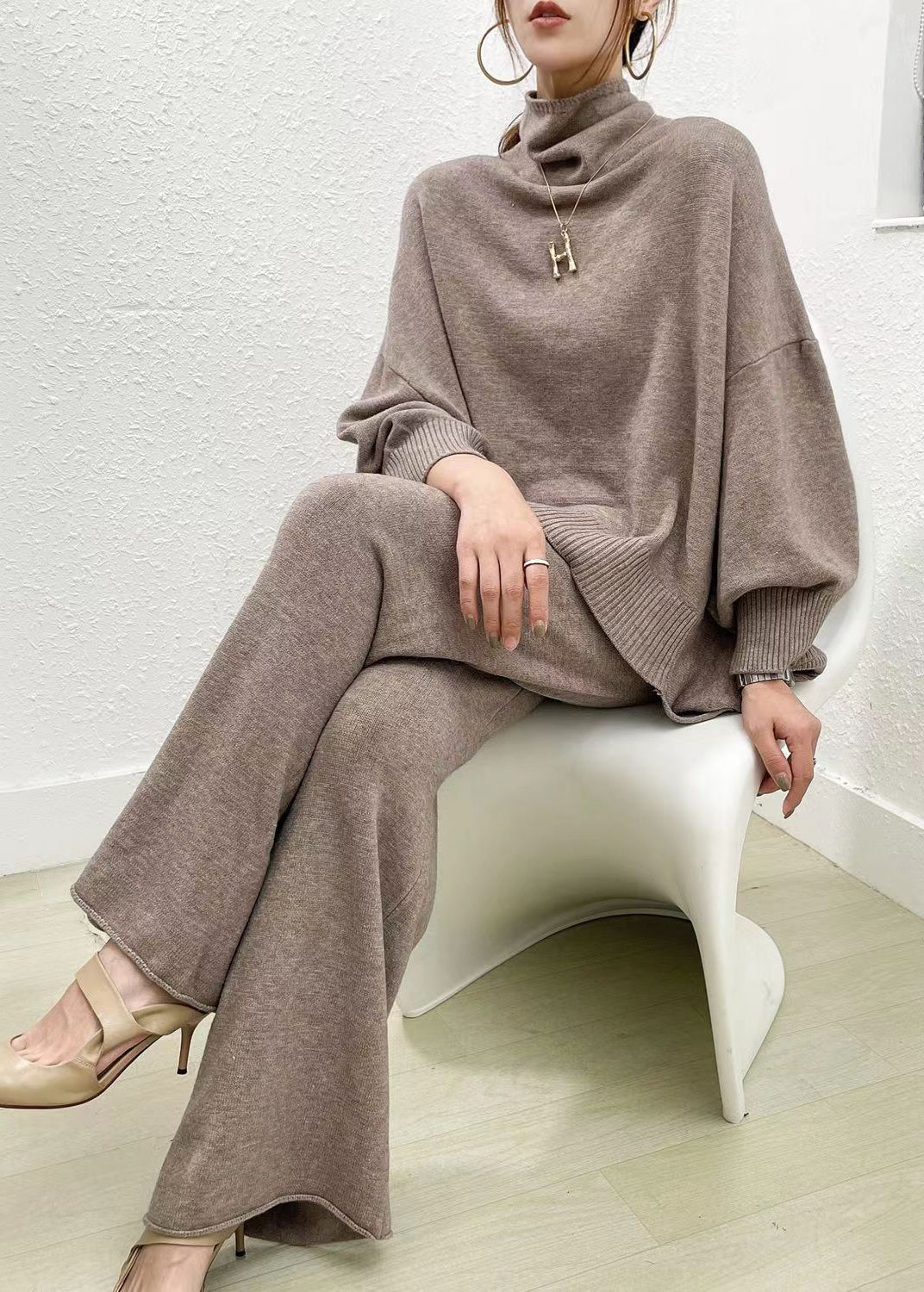 Classy Camel Sweaters And Wide Leg Pants Knit Two Piece Set Spring