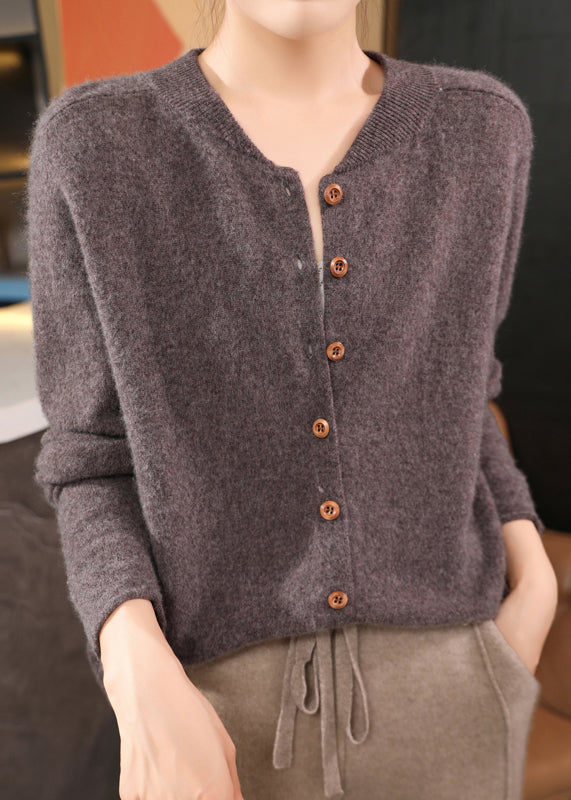 Classy Coffee O Neck Button Woolen Coats Spring