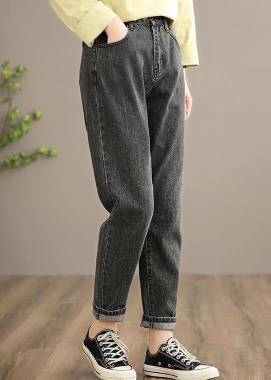 Classy Denim Black Pants Spring Elastic Waist Photography Wild Trousers