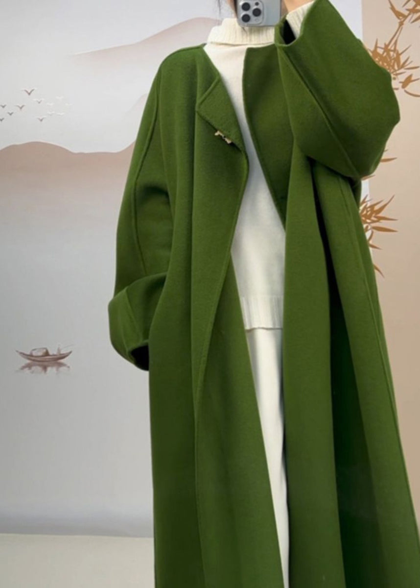 Classy Green O Neck Pockets Plus Size Woolen Coat Fall