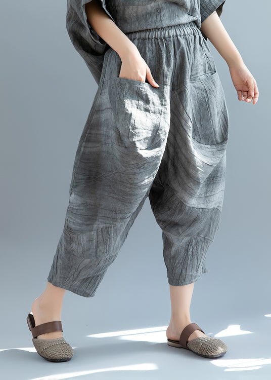 Classy Grey Asymmetrical wrinkled Linen Two Piece Set Short Sleeve