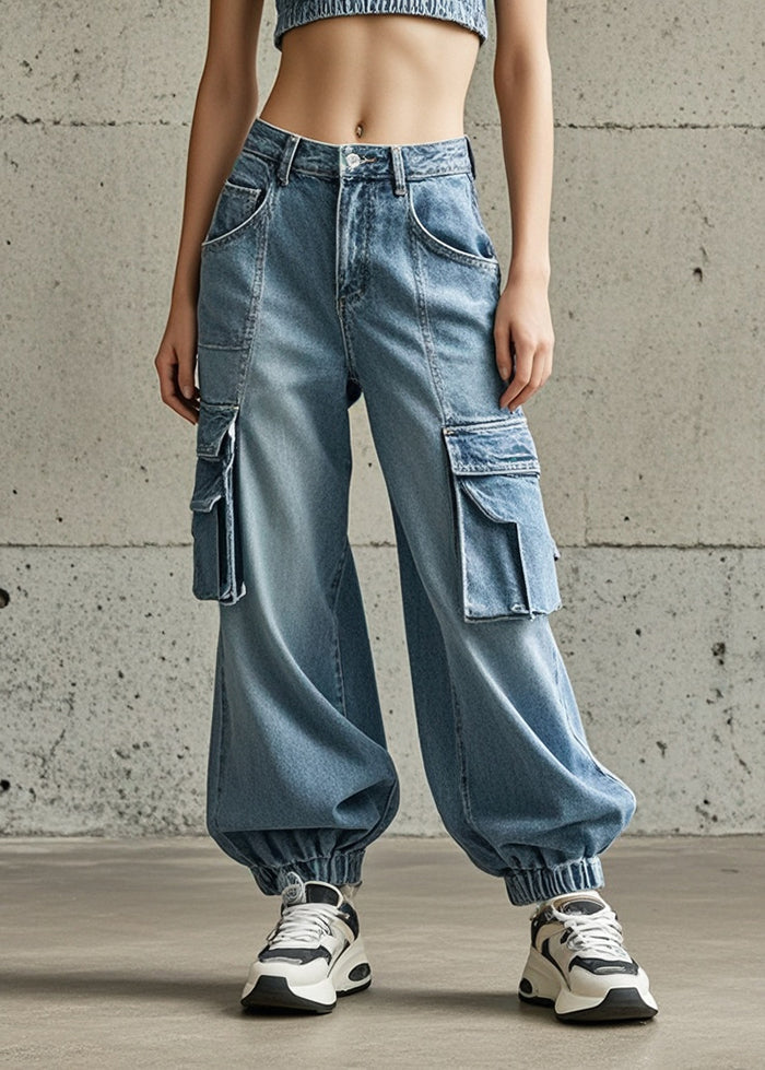 Classy Light Blue Oversized Pockets Denim Harem Pants Spring