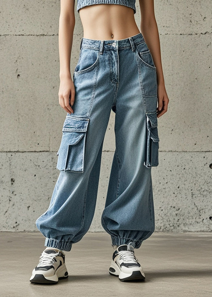 Classy Light Blue Oversized Pockets Denim Harem Pants Spring