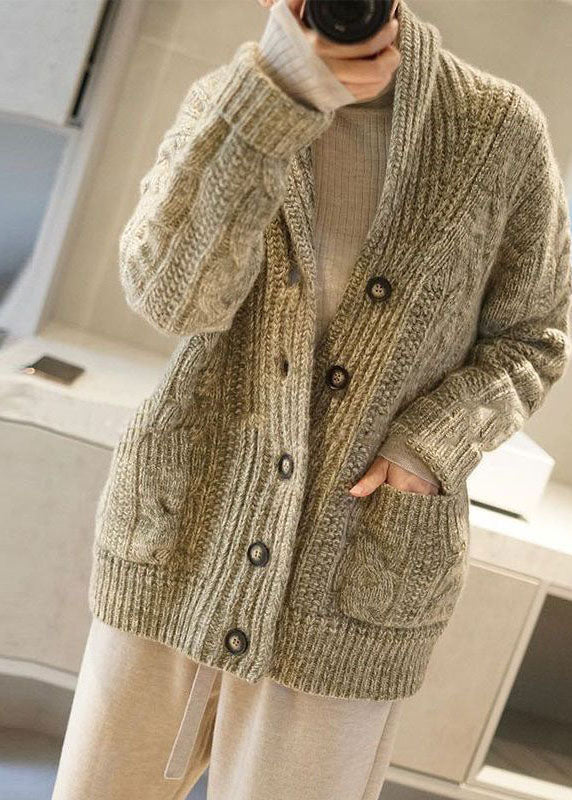 Classy Light Green V Neck Button Pockets Knit Cardigan Winter