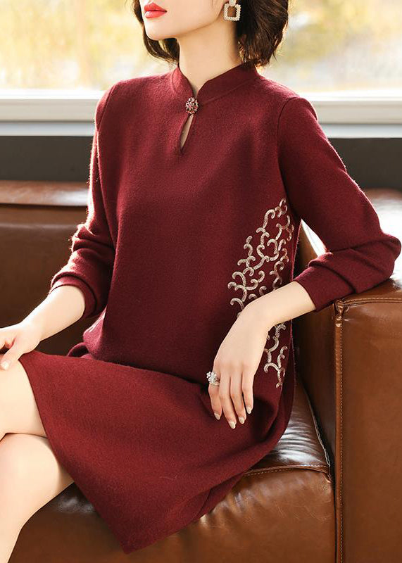 Classy Mulberry Stand Collar Wool Mid Knit Dress Spring