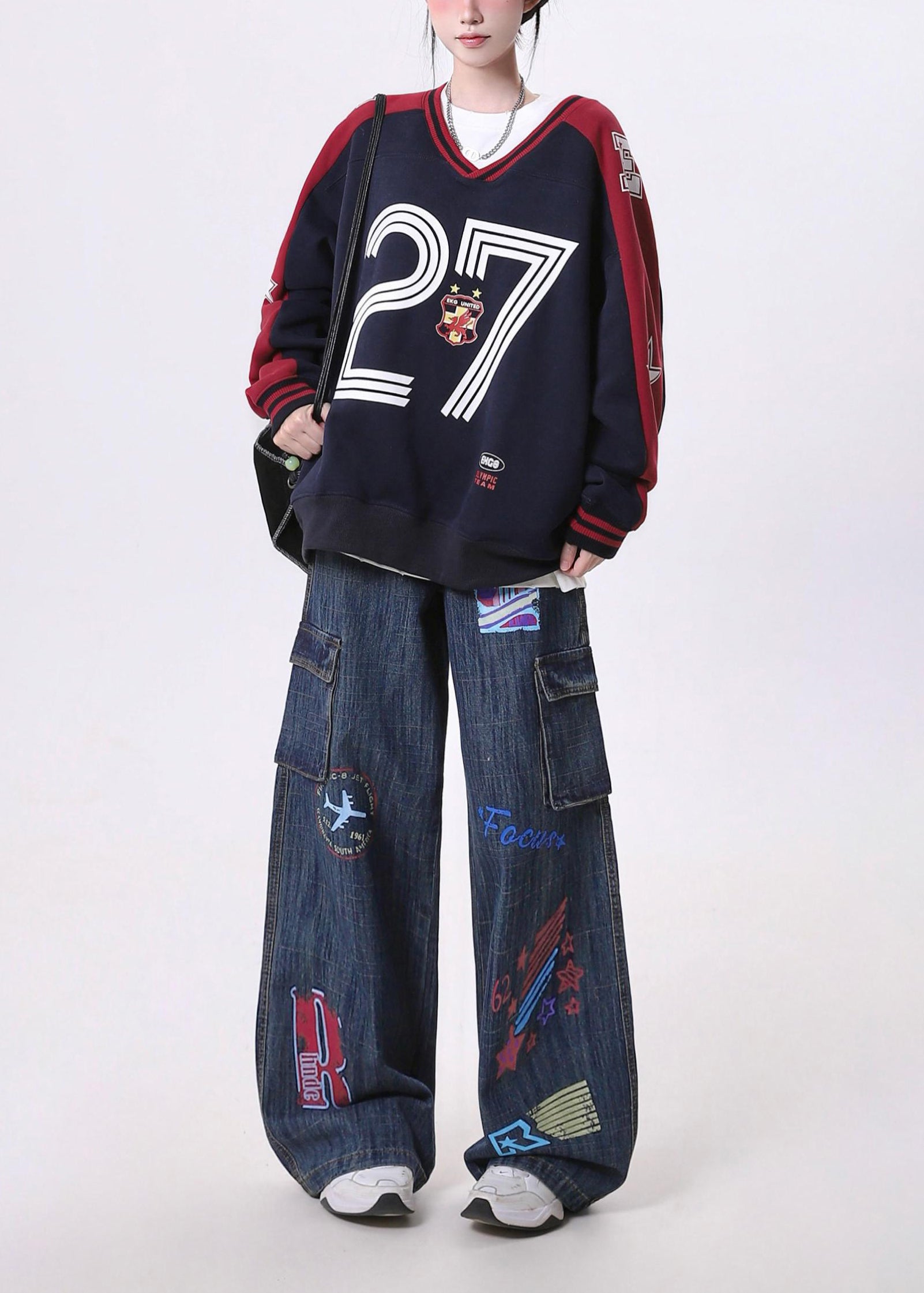 Classy Navy Oversized Print Pockets Denim Pants Spring