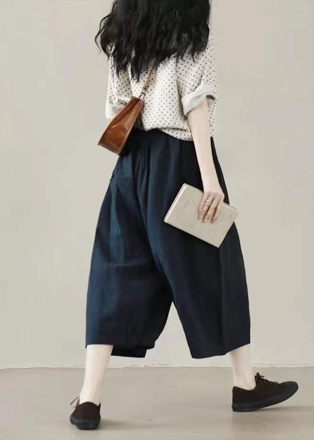 Classy Navy Pockets Linen Wide Leg Pants Summer