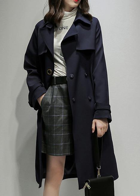 Classy Notched double breast Plus Size trench coat navy silhouette outwear