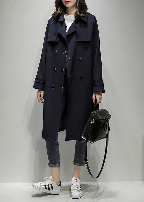 Classy Notched double breast Plus Size trench coat navy silhouette outwear