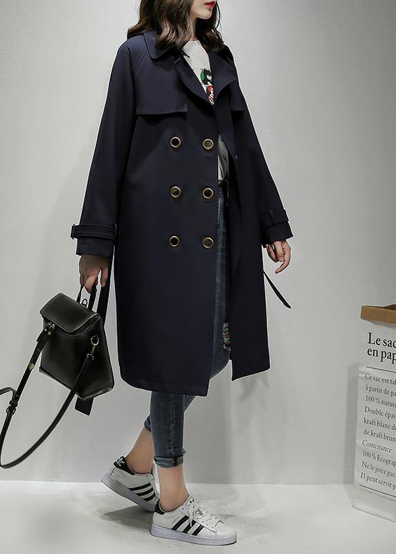 Classy Notched double breast Plus Size trench coat navy silhouette outwear