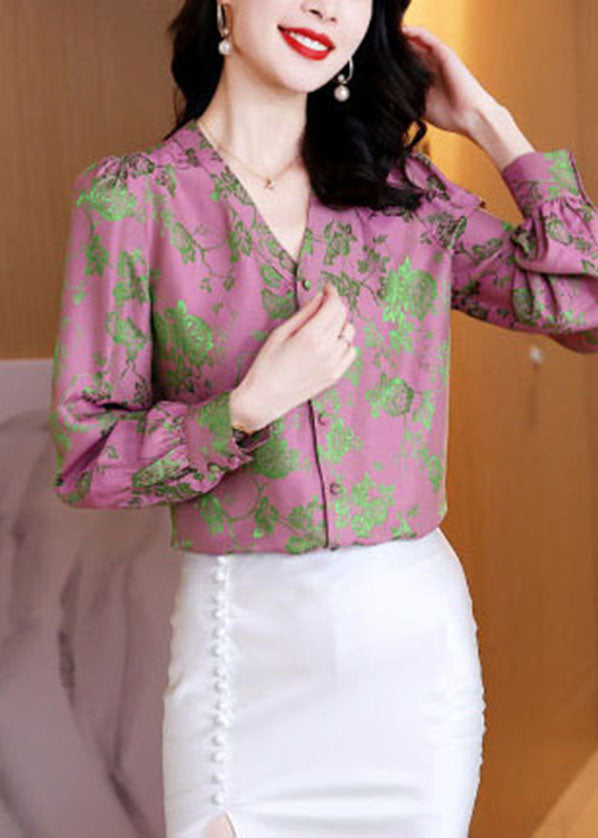 Classy Pink Button V Neck Jacquard Silk Shirt Long Sleeve