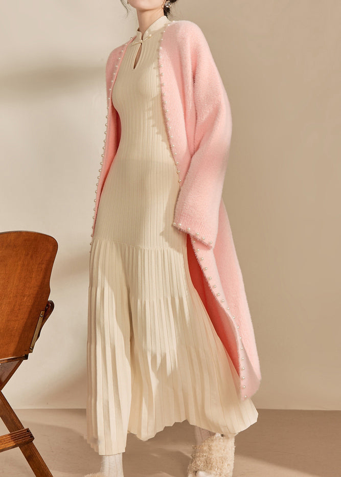 Classy Pink V Neck Nail Bead Cotton Knit Long Coat Spring