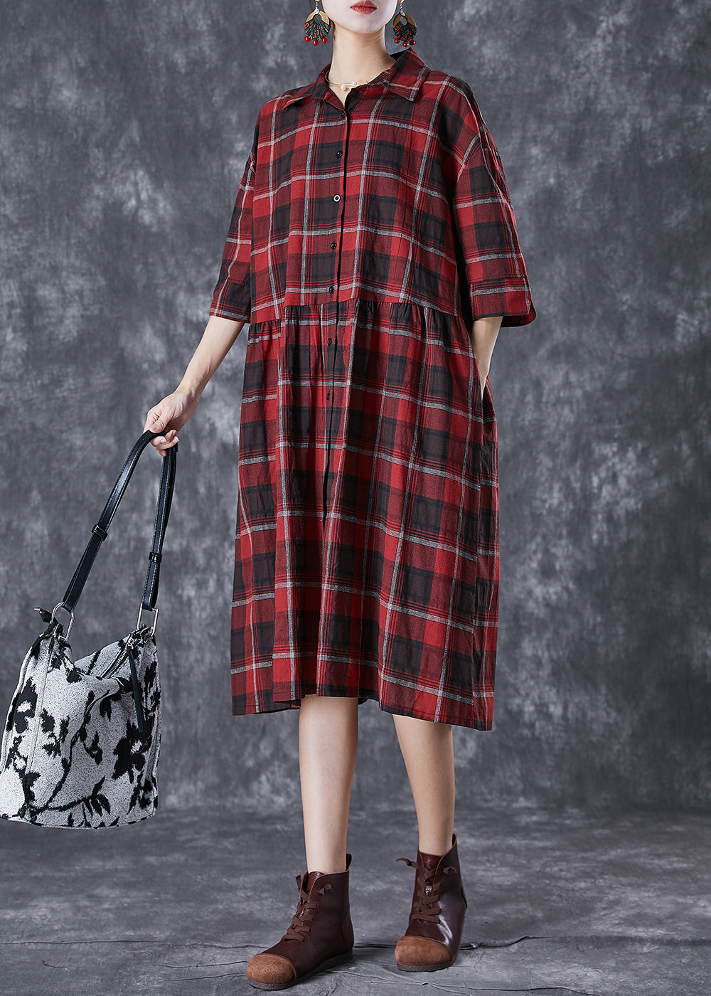 Classy Red Oversized Plaid Linen Shirt Dress Summer