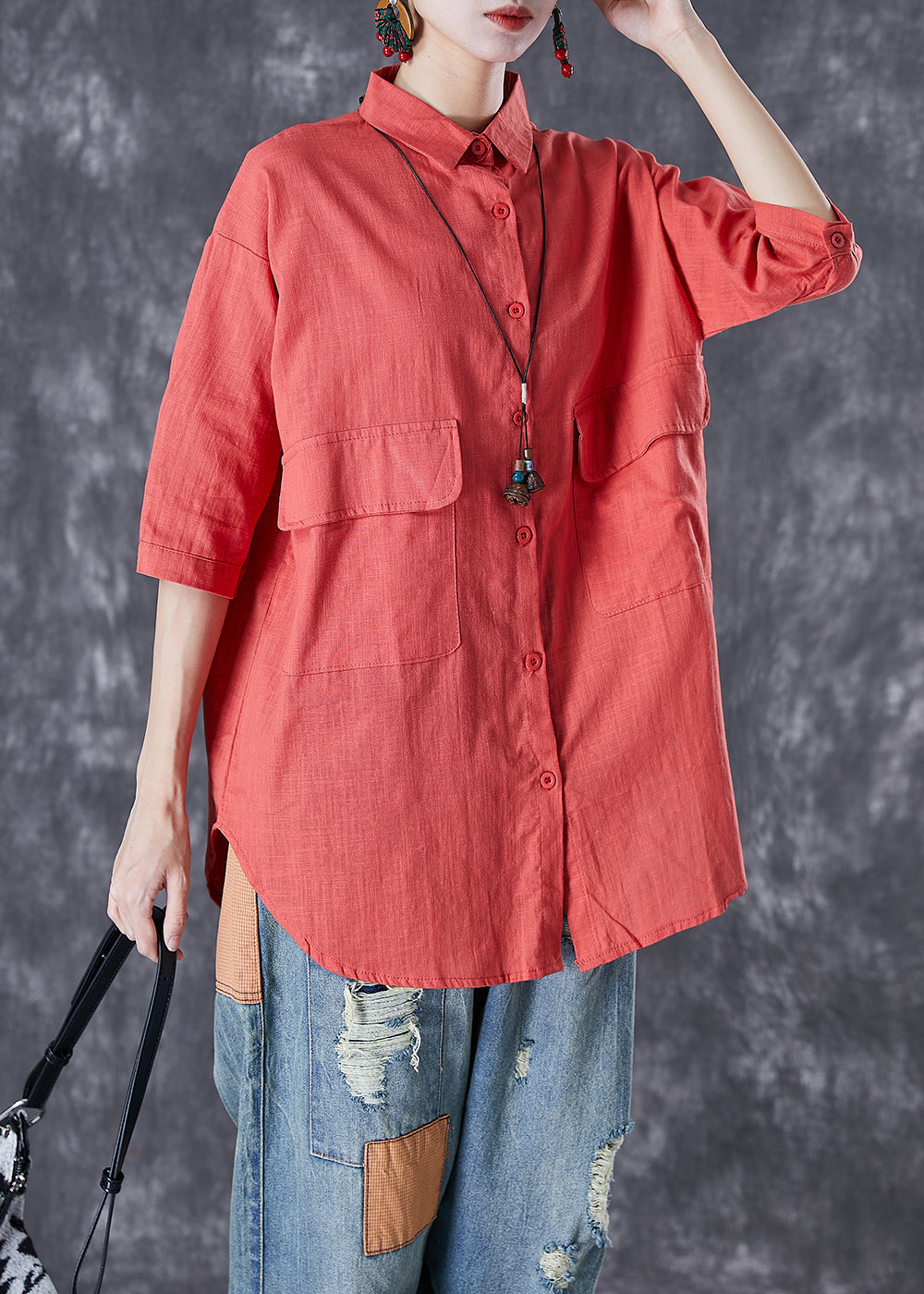 Classy Red Oversized Pockets Linen Shirt Half Sleeve