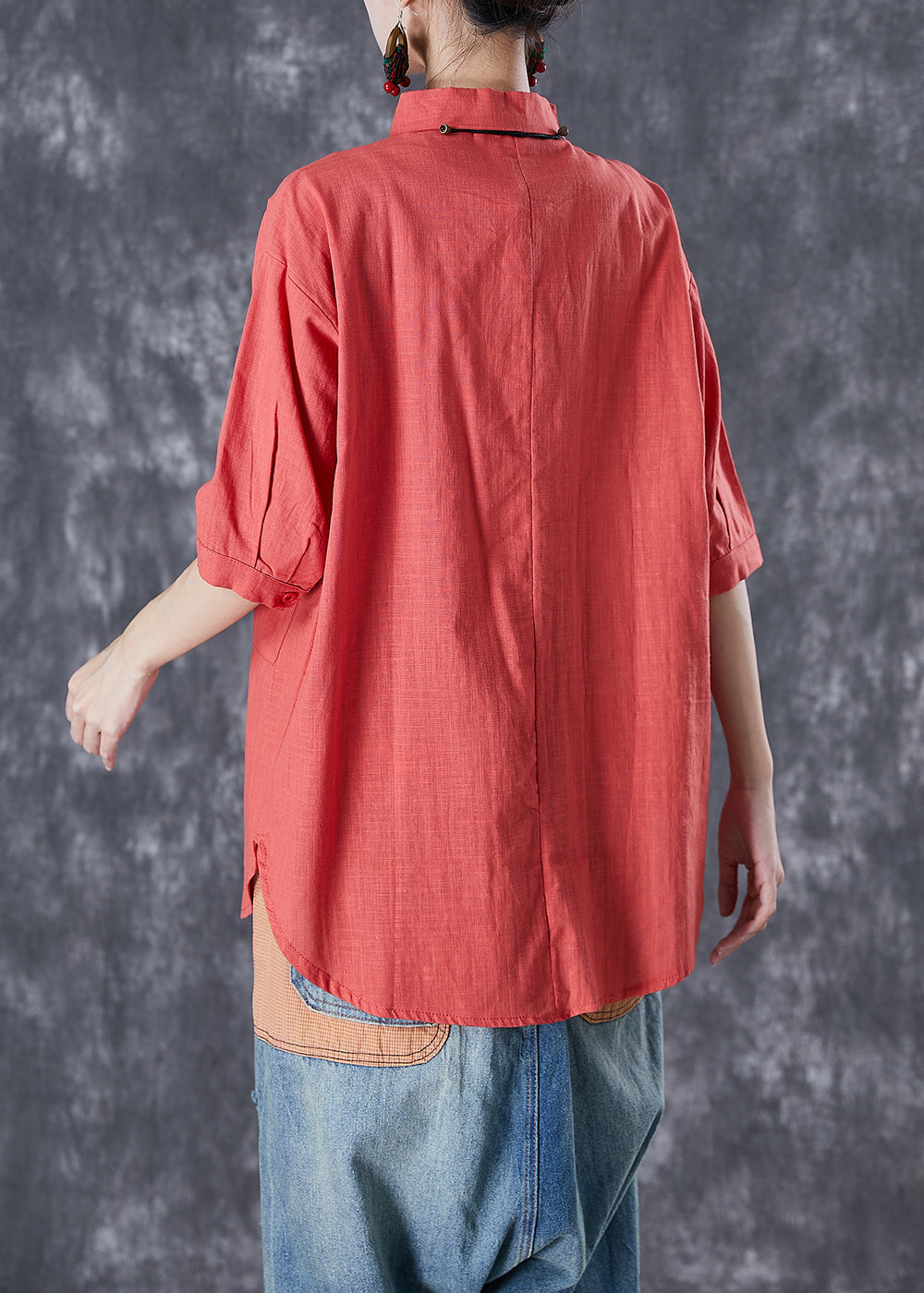 Classy Red Oversized Pockets Linen Shirt Half Sleeve