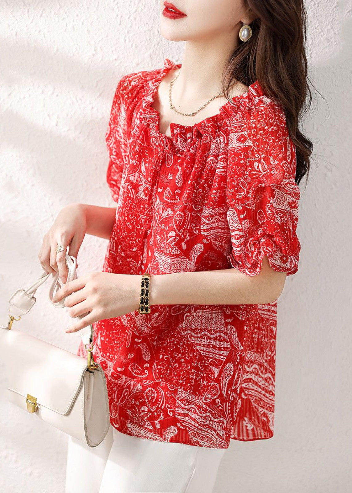 Classy Red Ruffled Print Chiffon Top Short Sleeve