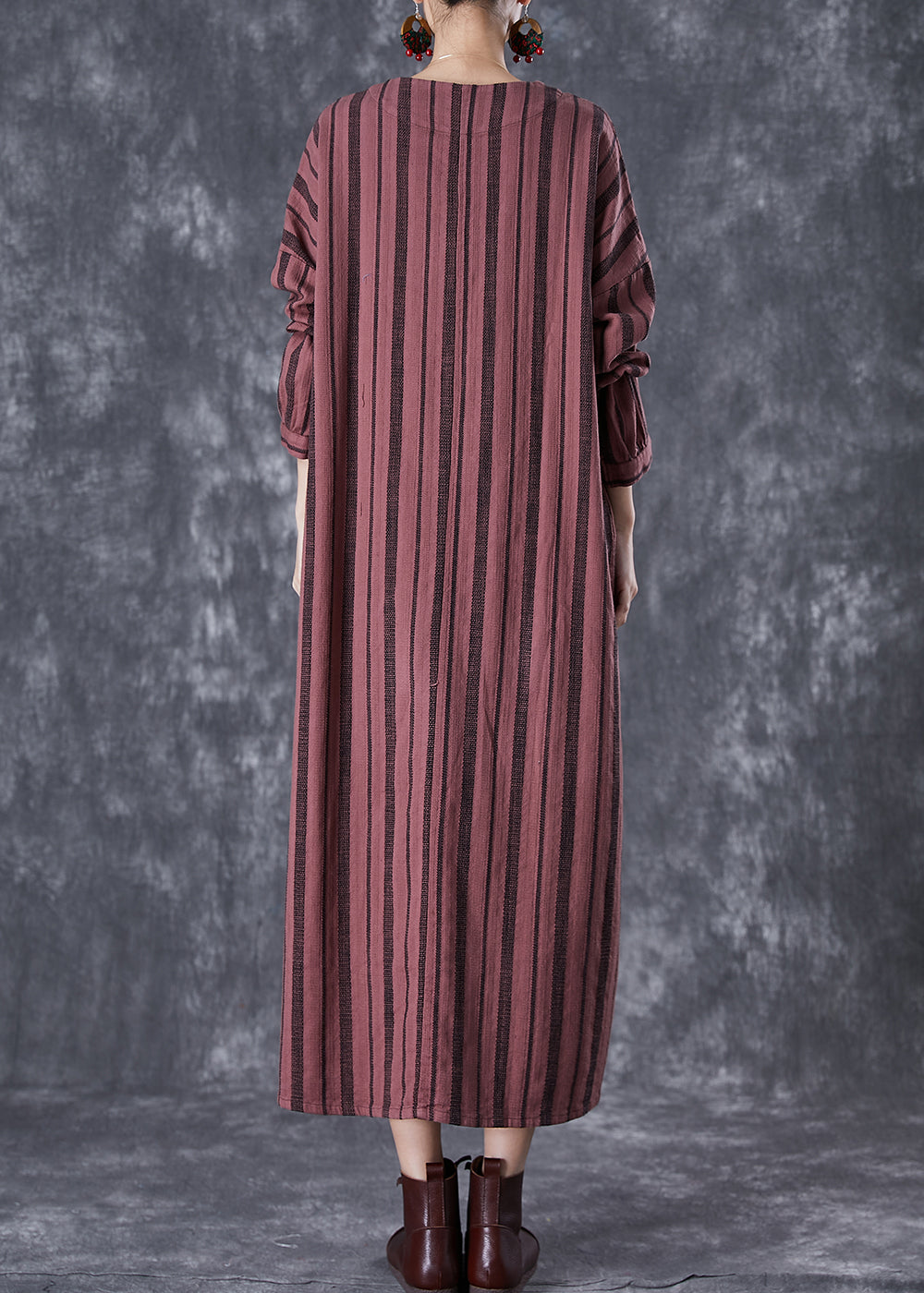 Classy Rust Red Embroideried Striped Linen Vacation Dresses Fall