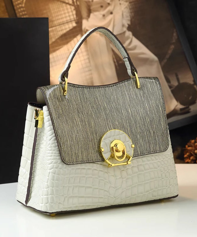 Classy White Embossed Large Capacity Calf Leather Tote Handbag