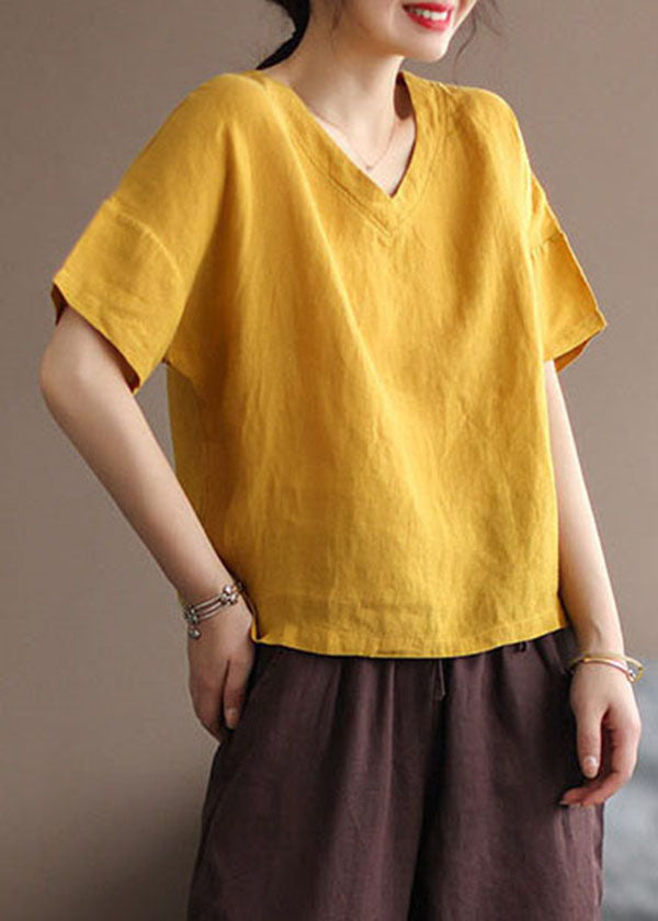 Classy Yellow Solid V Neck Patchwork Linen Tops Short Sleeve