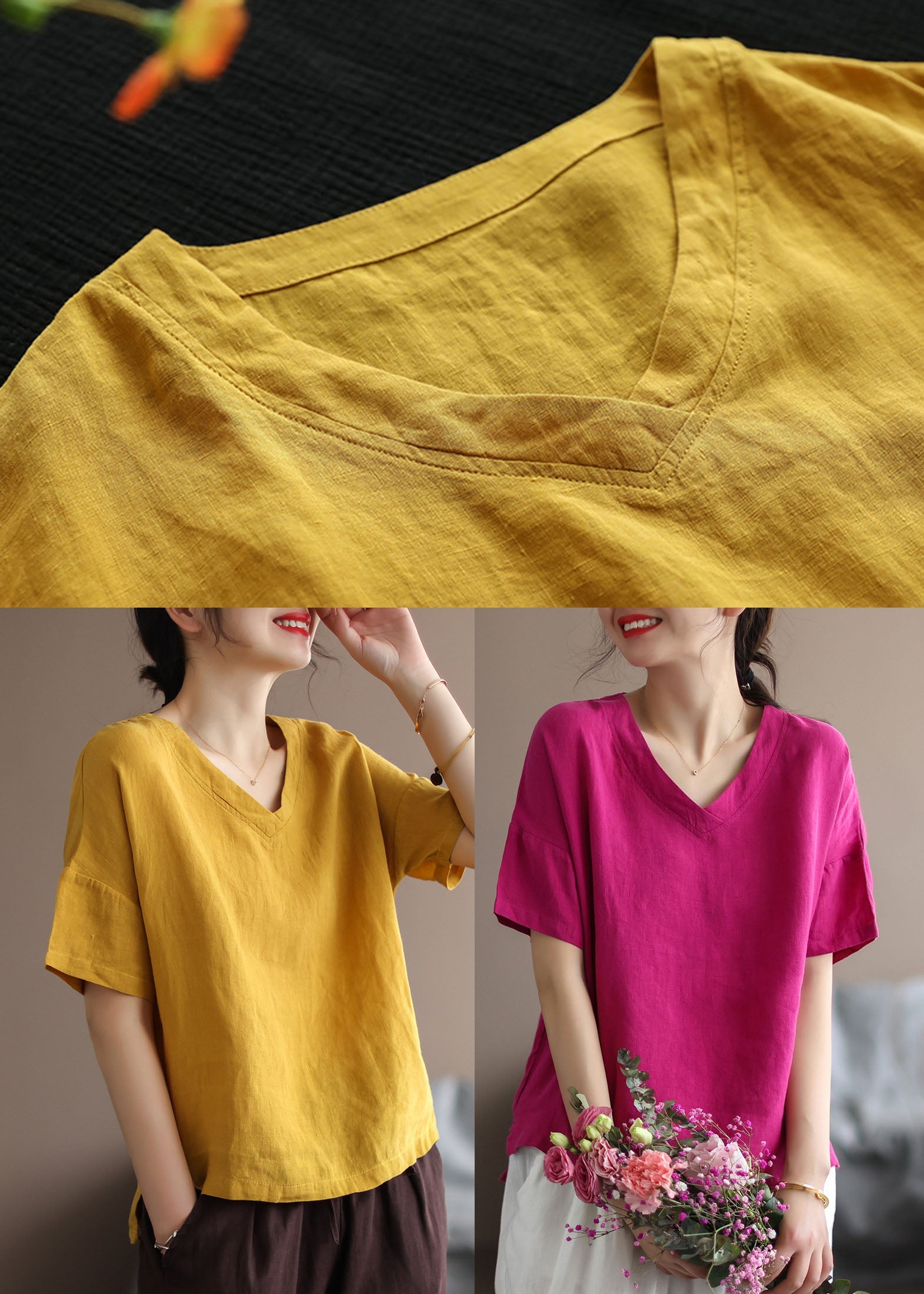 Classy Yellow Solid V Neck Patchwork Linen Tops Short Sleeve