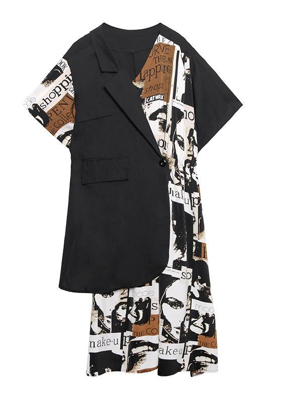 Classy black patchwork floral Cotton quilting dresses asymmetric short Dresses