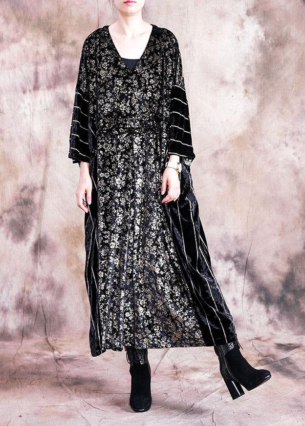 Classy black print quilting clothes o neck patchwork Robe fall Dress