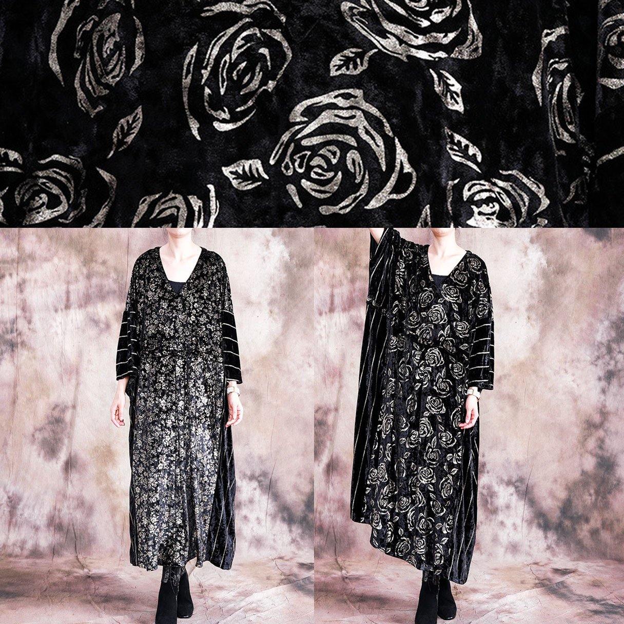 Classy black print quilting clothes o neck patchwork Robe fall Dress