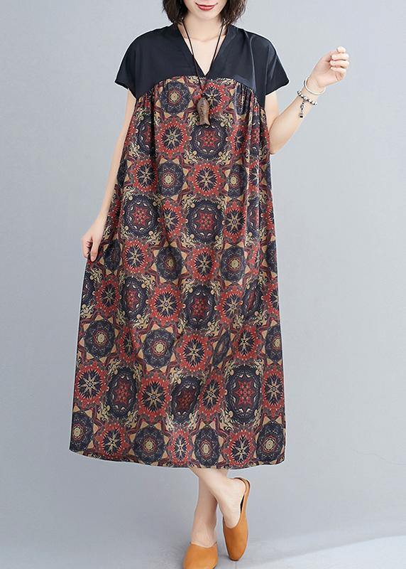 Classy floral cotton Tunics v neck patchwork Art summer Dresses