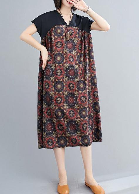 Classy floral cotton Tunics v neck patchwork Art summer Dresses