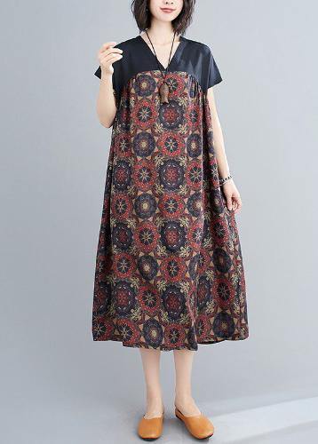 Classy floral cotton Tunics v neck patchwork Art summer Dresses