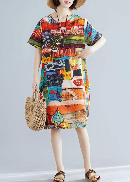 Classy floral linen cotton dress pattern o neck pockets A Line summer Dress