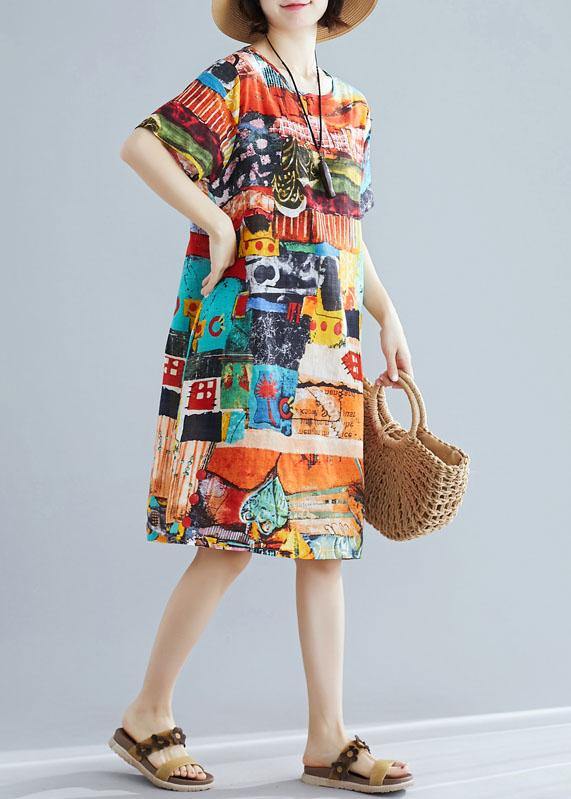 Classy floral linen cotton dress pattern o neck pockets A Line summer Dress