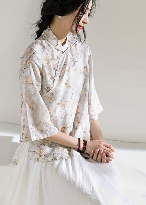 Classy light gray floral  linen Long Shirts flare sleeve silhouette stand collar shirts