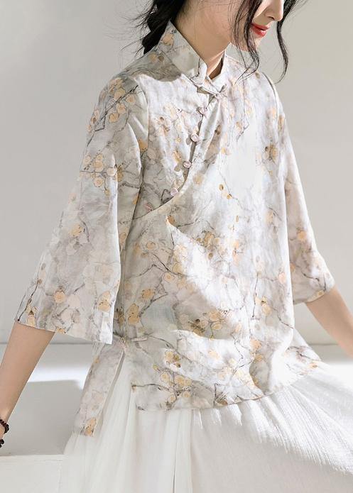 Classy light gray floral  linen Long Shirts flare sleeve silhouette stand collar shirts